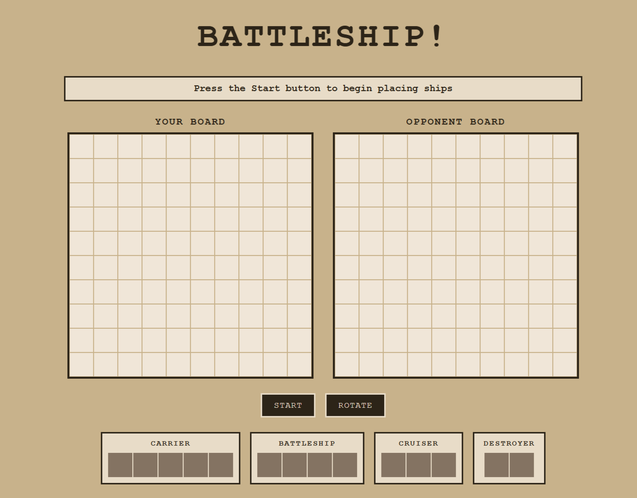 Screenshot of Battleship game showing two player grids with ship placements
