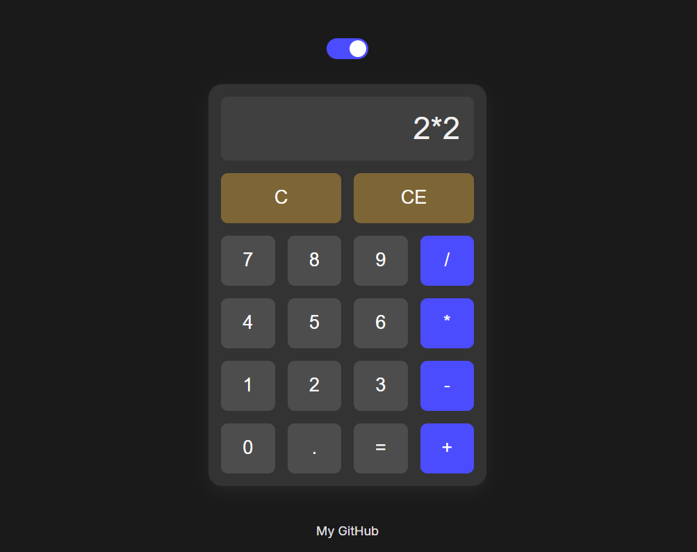 Screenshot of web calculator with dark mode enabled showing numeric buttons