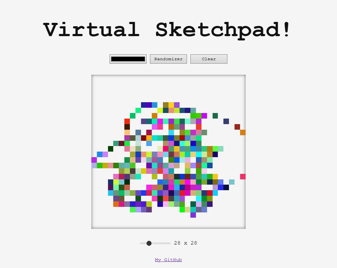 Screenshot of virtual sketchpad app with colorful drawing on grid