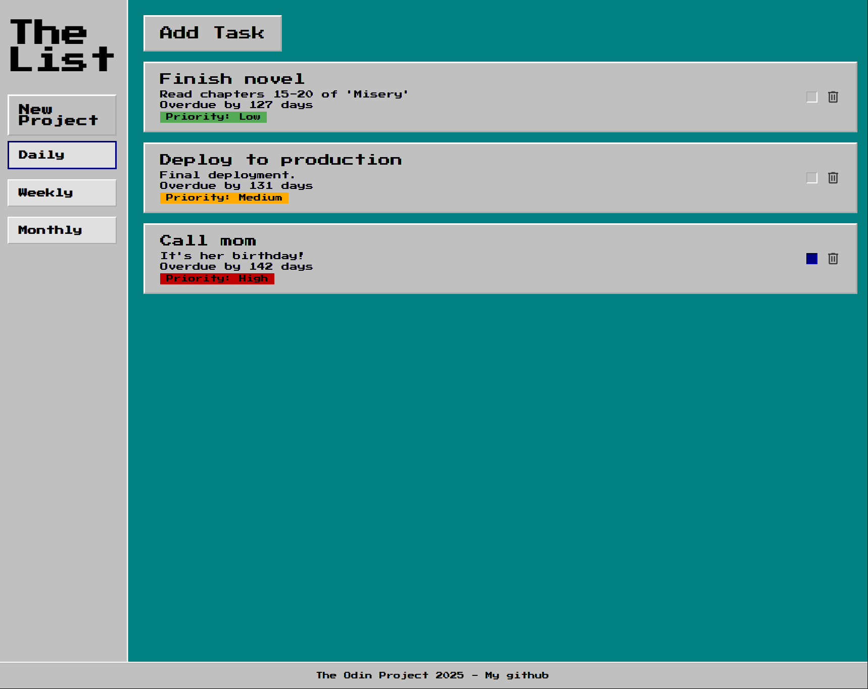 Screenshot of todo list app showing task categories and checkboxes