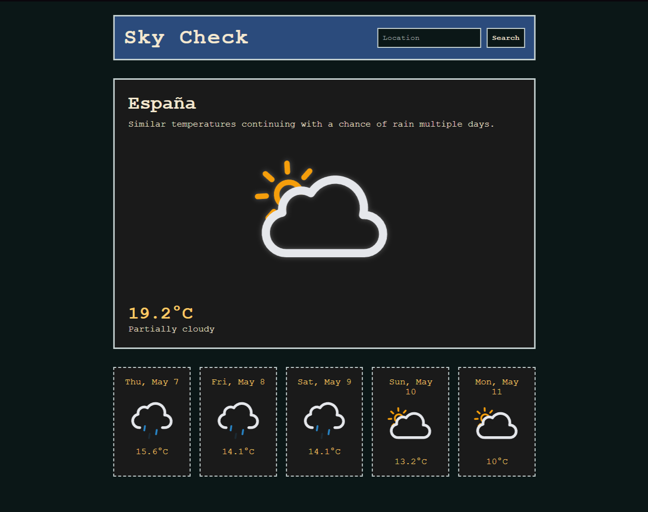 Screenshot of Sky Check weather app showing current temperature and weather conditions